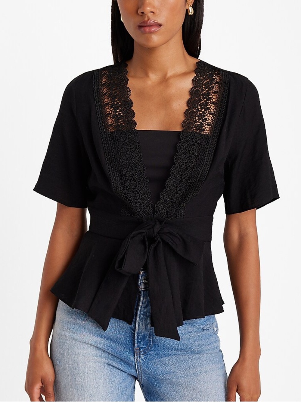 Express Black Lace-Trim Tie-Waist Women's Top | Feminine | Daytime | Girls Night